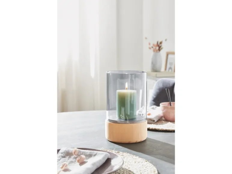 Glazen windlicht met houten voet<LIVARNO home