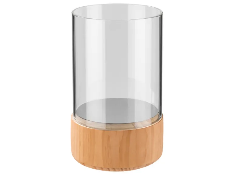 Glazen windlicht met houten voet<LIVARNO home